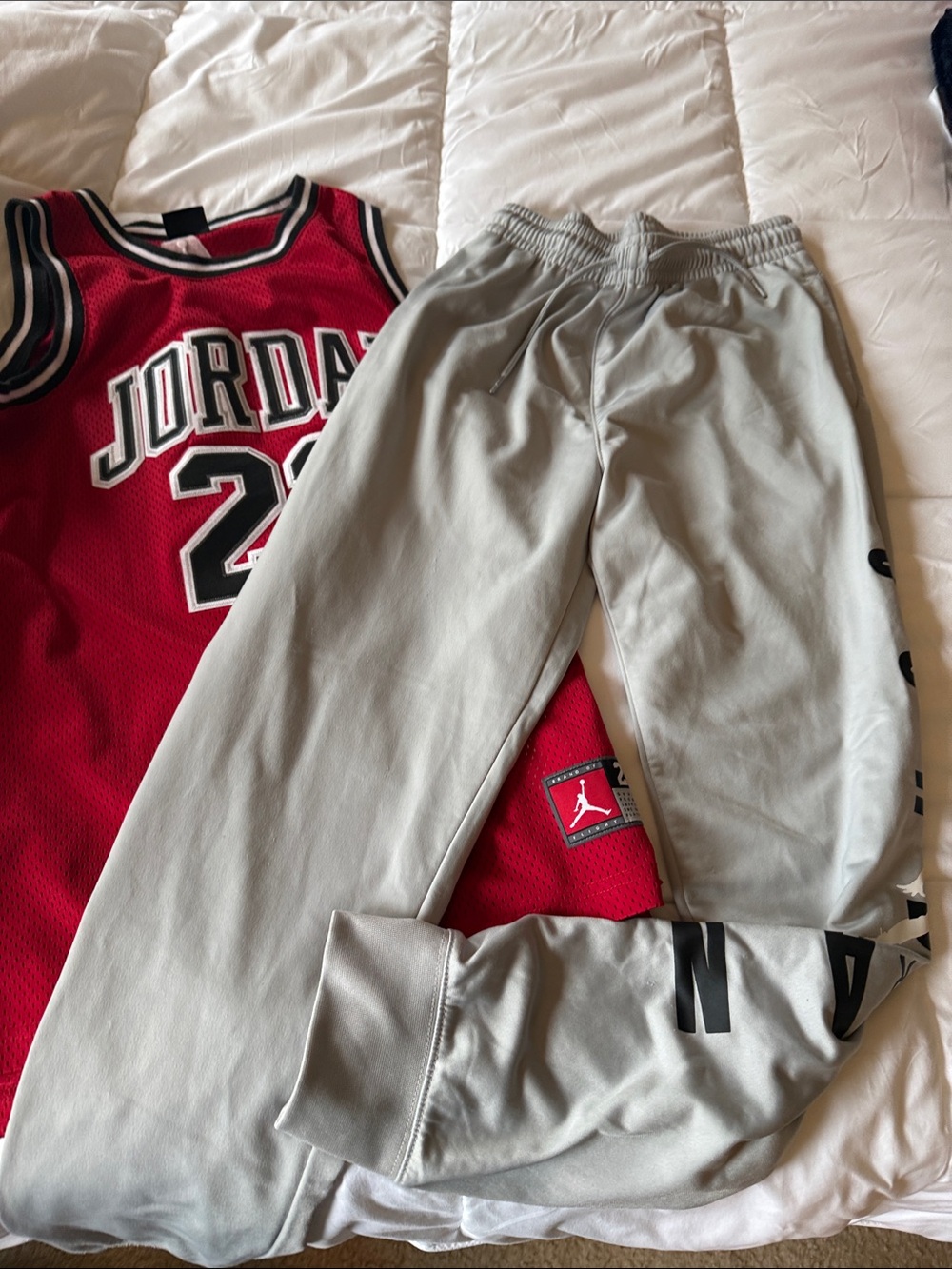 Jordan Red Basketball Jersey with Light Gray Jordan Sweatpants
